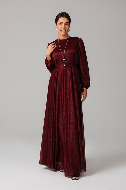 Maroon Shimmer Maxi Dress with Soft Waist Gather
