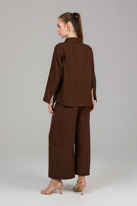 Dark Brown Relaxed Shirt & Wide-Leg Pants Set
