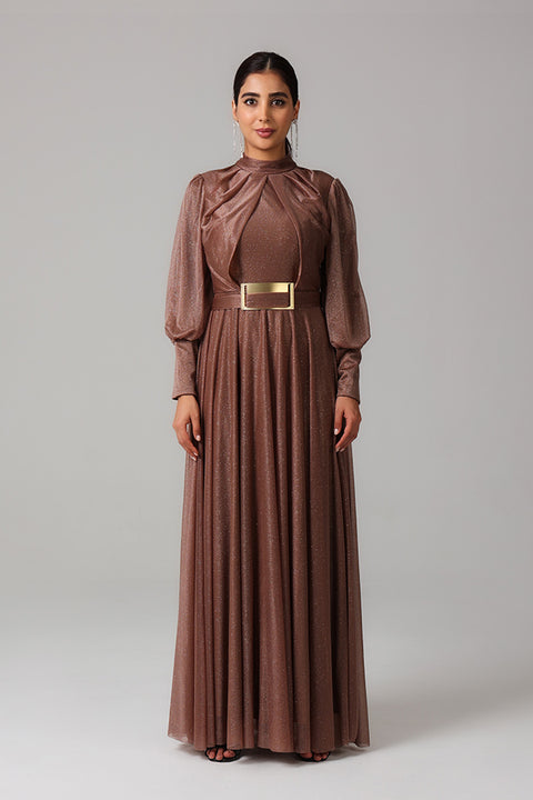 Rose Gold Shimmer Pleated Maxi Dress with Belt Detail