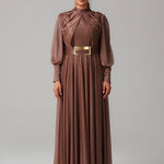 Shimmer Pleated Maxi Dress with Belt Detail BKMF 020 Rose Gold