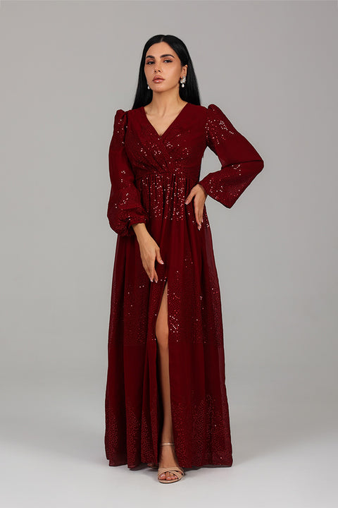 Burgundy Sequin Detail Modest Evening Dress 