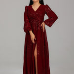 Sequin Detail Modest Evening Dress PR 014 Burgundy