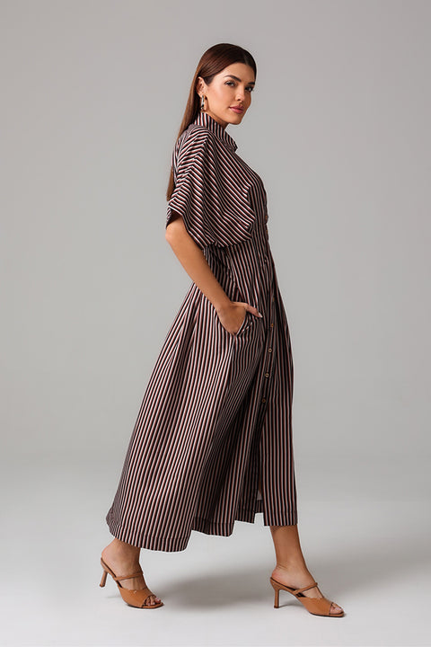 Brown Striped Pleated Shirt Dress