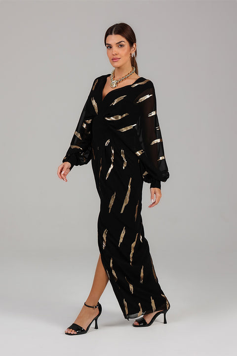 Black Foil Detail Modest Evening Dress
