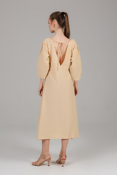 Beige Button-Front A-Line Midi Dress