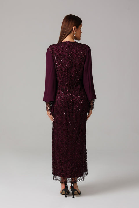 Burgundy Lace Midi Dress with Floral Detail 