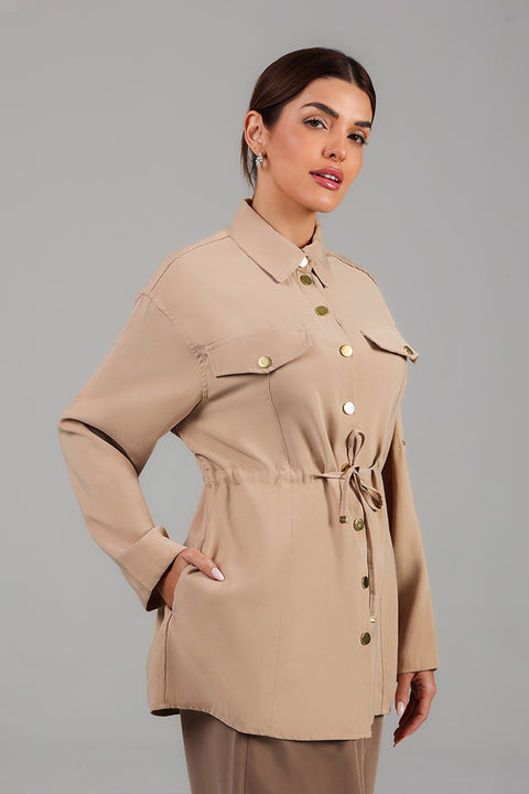 Beige Utility Shirt with Waist Tie