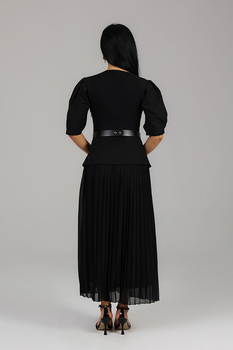 Black Structured Pleated Midi Dress
