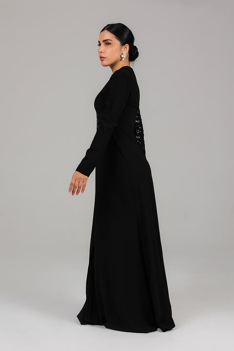 Black Asymmetric Sequin Panel Evening Gown with Drape Detail