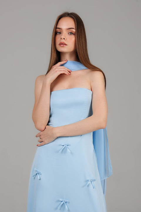 Sky Blue Strapless Bow Detail Maxi Dress