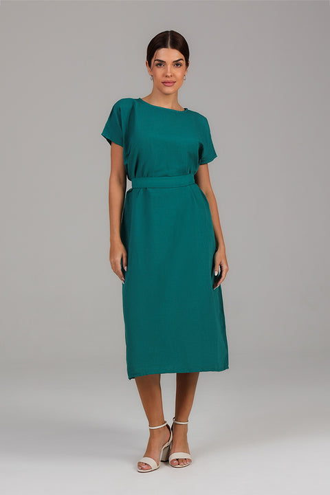 Emerald Green Belted Modest Midi Dress