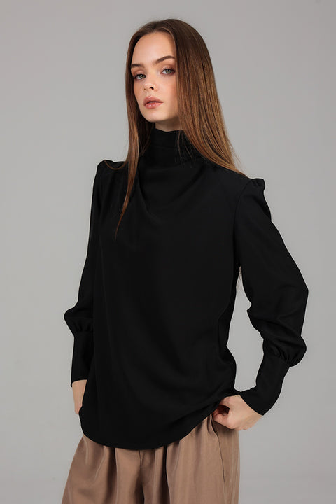 Black High-Neck Draped Top