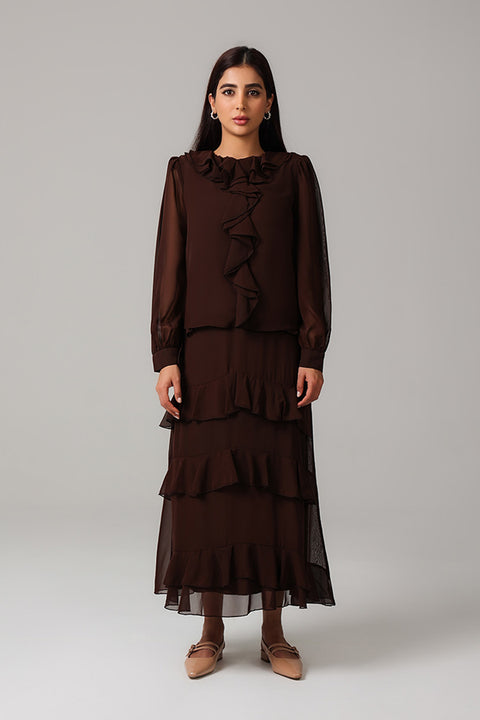 Brown Ruffle Detail Maxi Dress