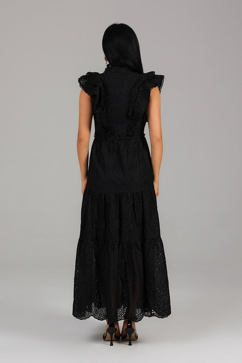 Black Embroidered Tiered Midi Dress