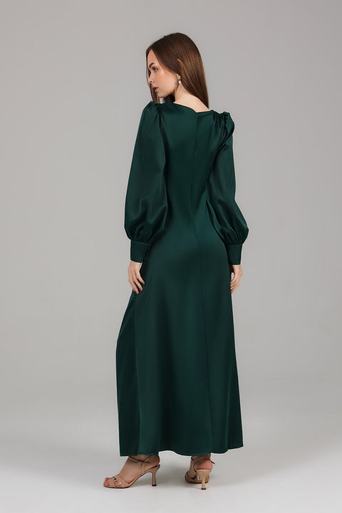 Green Satin Ruched Evening Dress
