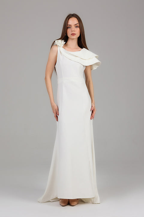White One-Shoulder Ruffle Detail Maxi Dress