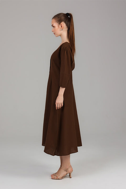 Dark Brown Button-Front A-Line Midi Dress
