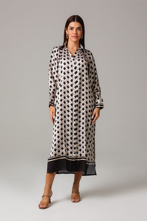 Black & Gold Geometric Print Shirt Dress 