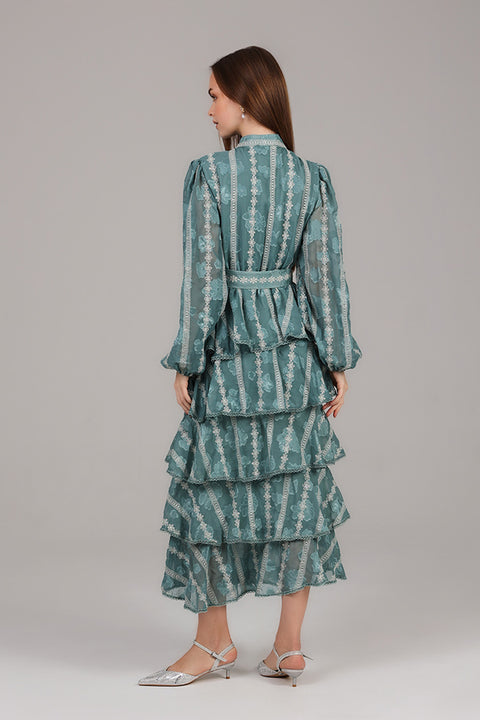 Aqua Green Embroidered Tiered Midi Dressn