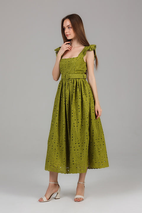Limerick Eyelet Midi Dress with Belt