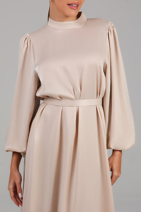 Cream High-Neck Midi Dress with Soft Pleats