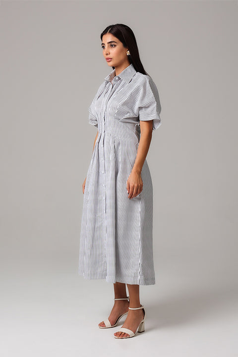 White Striped Shirt Midi Dress for Women