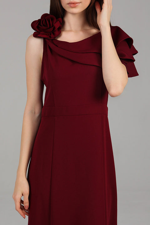 Maroon One-Shoulder Ruffle Detail Maxi Dress