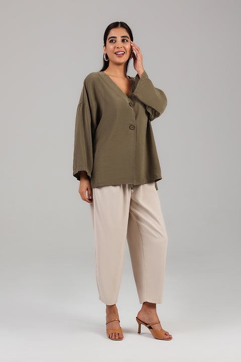 Khaki Relaxed Button-Front Top