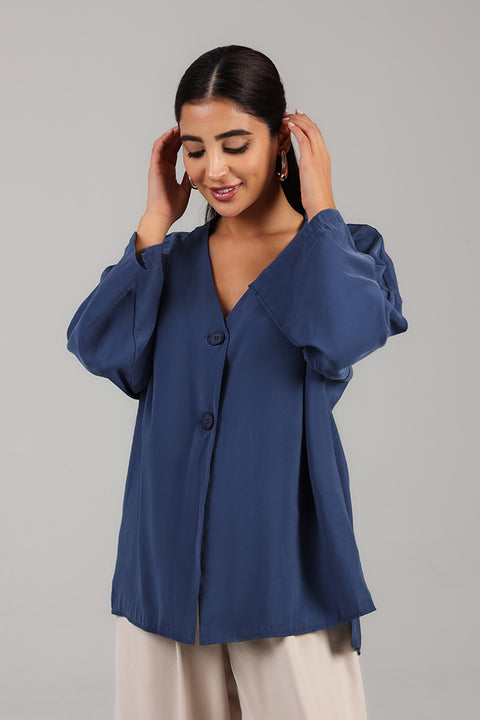 Dusty Blue Relaxed Button-Front Top