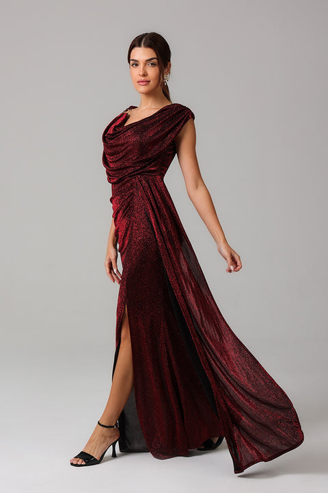Maroon Shimmer Draped Gown with Embellished Shoulder