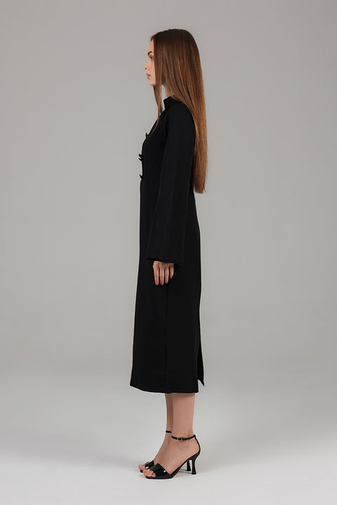 Black Midnight High-Neck Structured Midi Dress