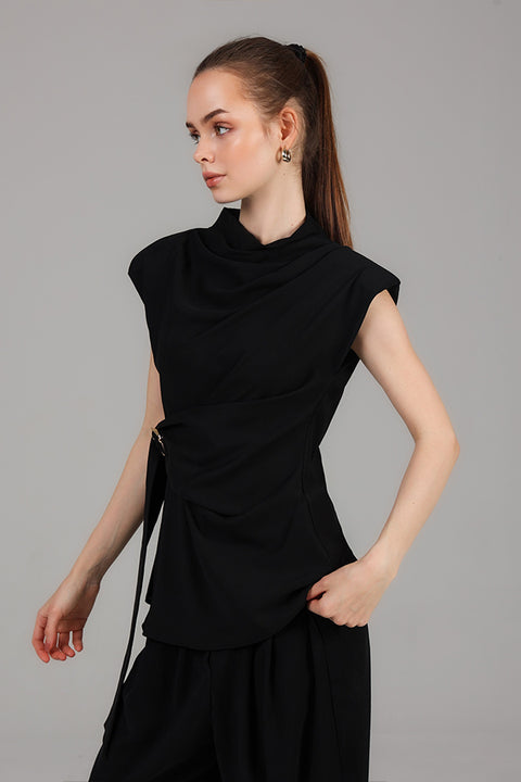 Black Draped Wrap Detail Top 