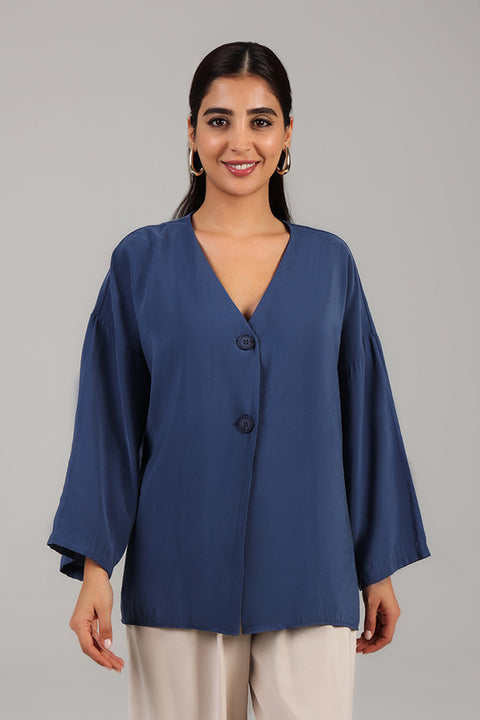Dusty Blue Relaxed Button-Front Top