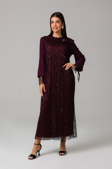 Burgundy Lace Midi Dress with Floral Detail 