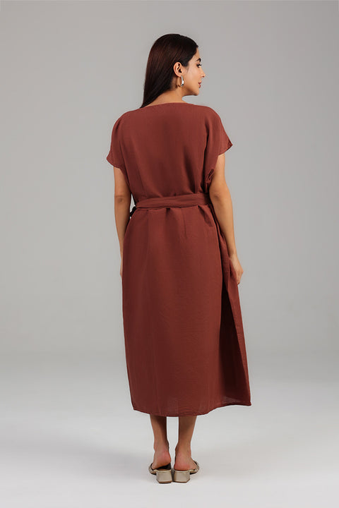 Brown Belted Modest Midi Dress