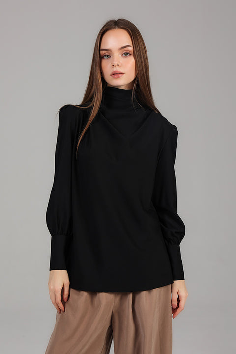 Black High-Neck Draped Top
