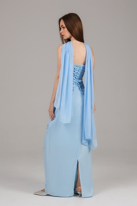 Sky Blue Strapless Bow Detail Maxi Dress