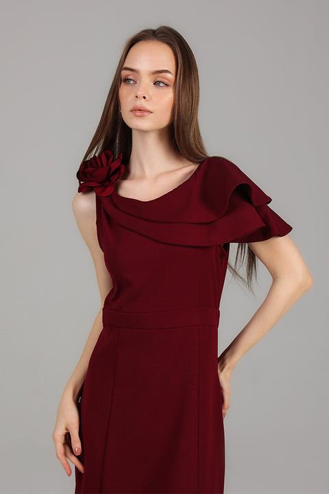 Maroon One-Shoulder Ruffle Detail Maxi Dress