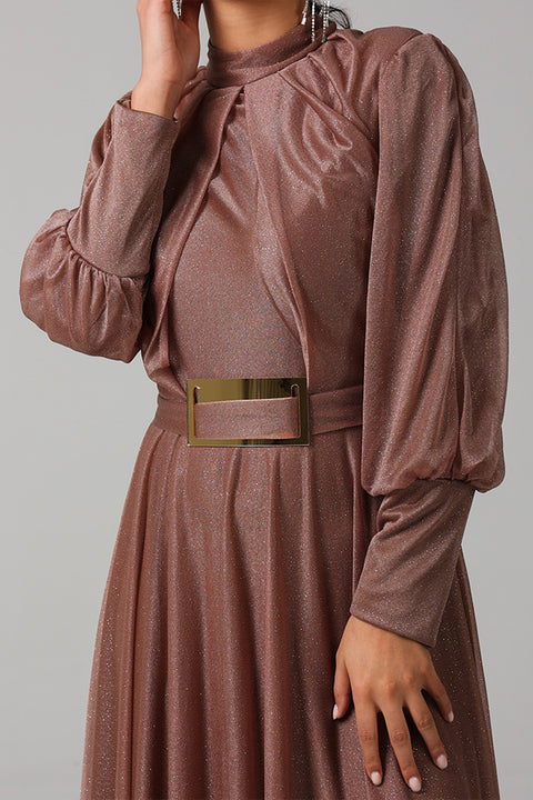 Rose Gold Shimmer Pleated Maxi Dress with Belt Detail