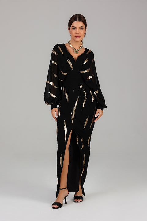 Black Foil Detail Modest Evening Dress