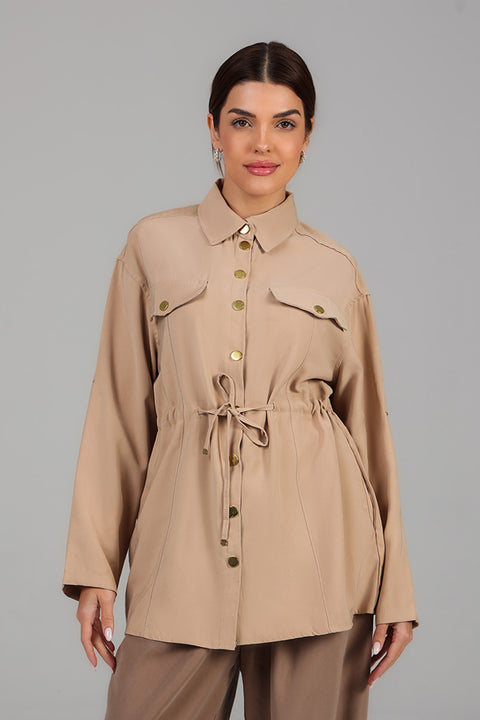 Beige Utility Shirt with Waist Tie