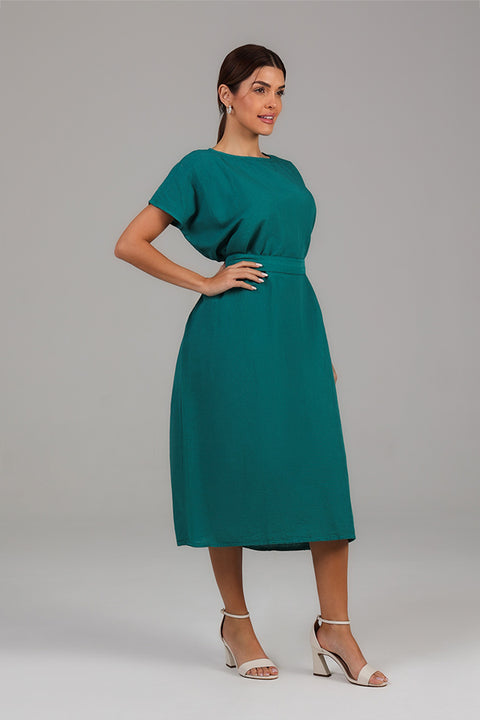 Emerald Green Belted Modest Midi Dress