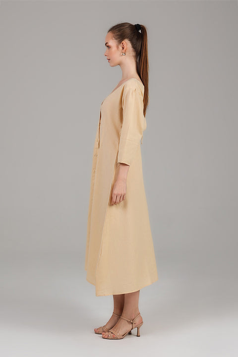 Beige Button-Front A-Line Midi Dress