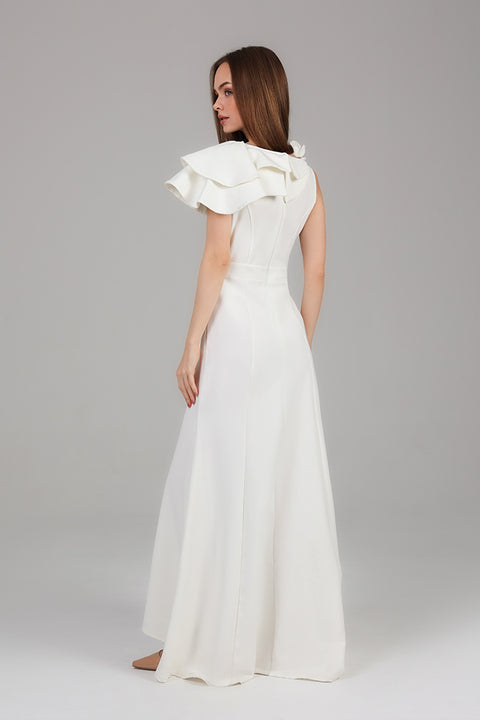 White One-Shoulder Ruffle Detail Maxi Dress