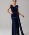 Navy Blue Shimmer Draped Gown with Embellished Shoulder
