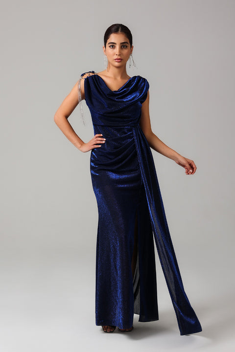 Navy Blue Shimmer Draped Gown with Embellished Shoulder