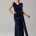 Shimmer Draped Gown with Embellished Shoulder BKMF 017 Navy Blue