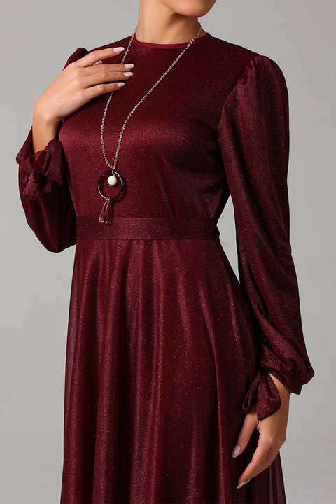 Maroon Shimmer Maxi Dress with Soft Waist Gather