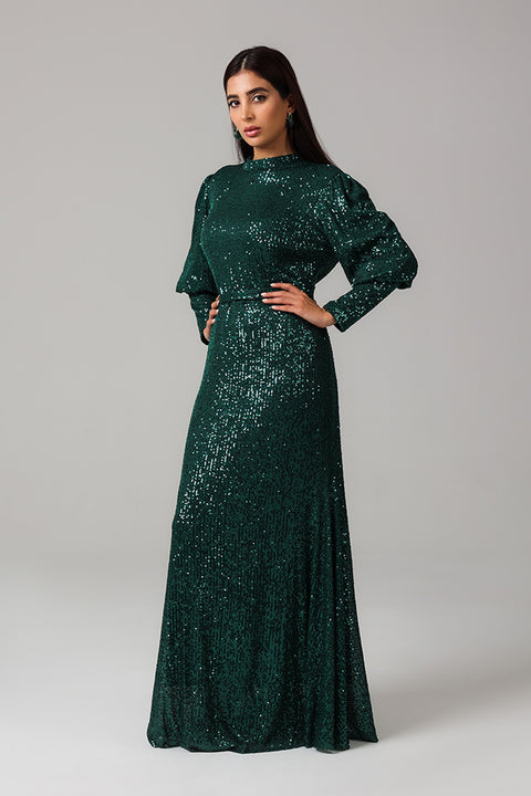 Green Sequin High-Neck Maxi Dress