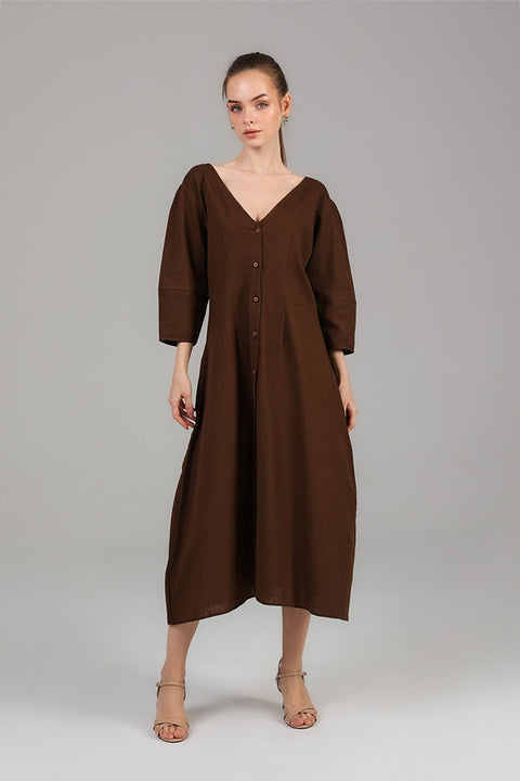 Dark Brown Button-Front A-Line Midi Dress